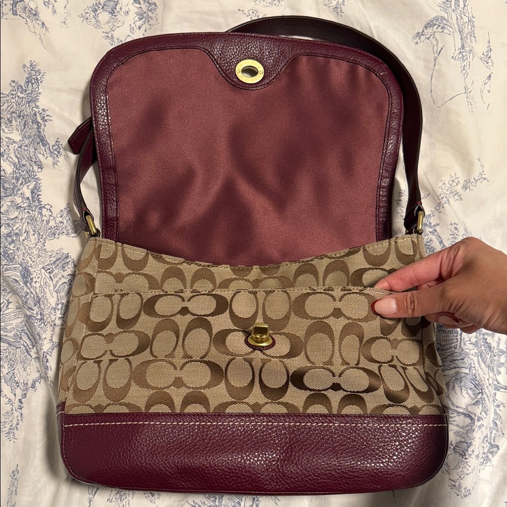 Coach Burgundy and Tan Signature Shoulder Bag - Picture 3 of 6